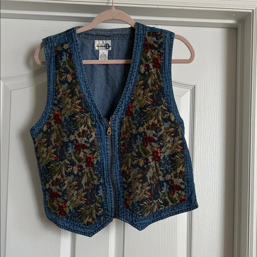 SOLD 🩵VTG 90s Paul Harris Design Tapestry Denim Vest Zip Up Floral Boho M - Picture 2 of 8